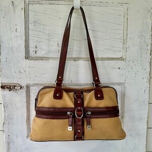 VINTAGE,AIGNER, CANVAS & LEATHER SHOULDER/ SATCHEL BAG.TAN WITH BURGUNDY LEATHER